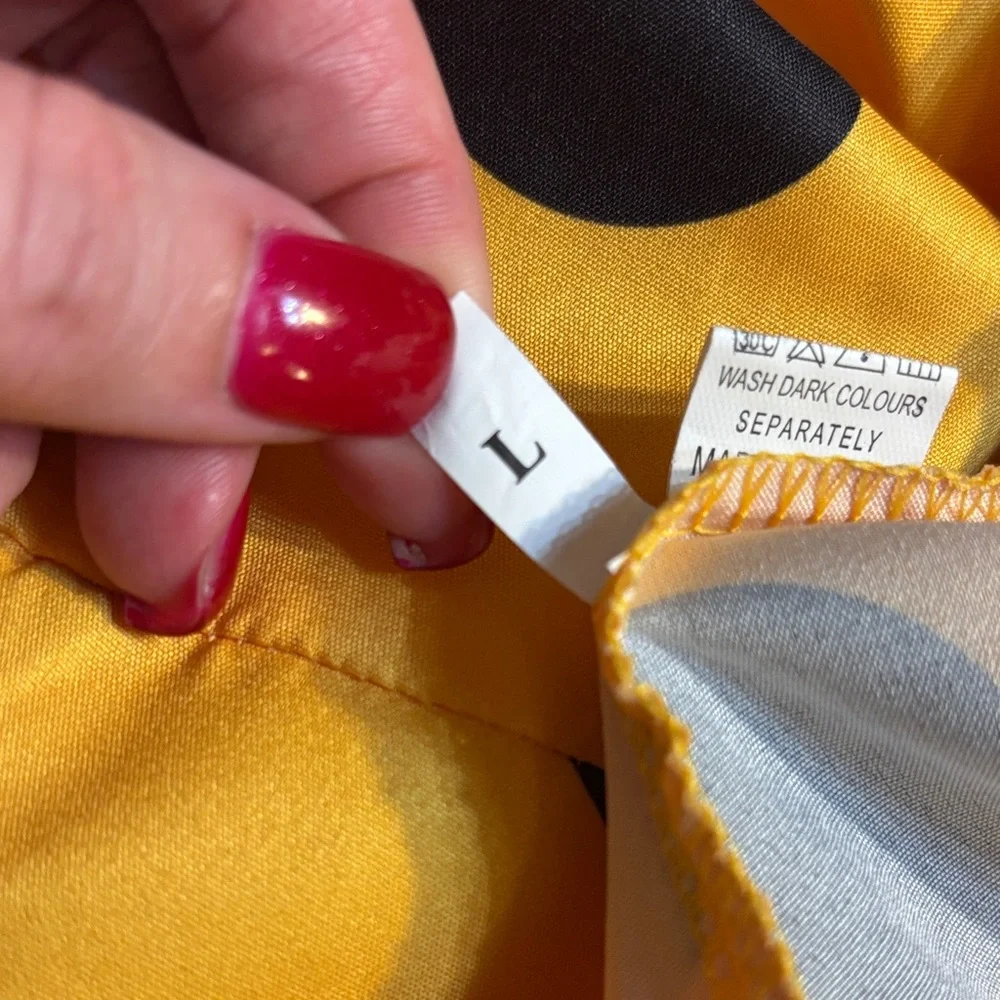 Yellow Polka Dot Dress Large Midi Sleeveless Faux Wrap Black Dots Cotton Poly - Picture 16 of 16